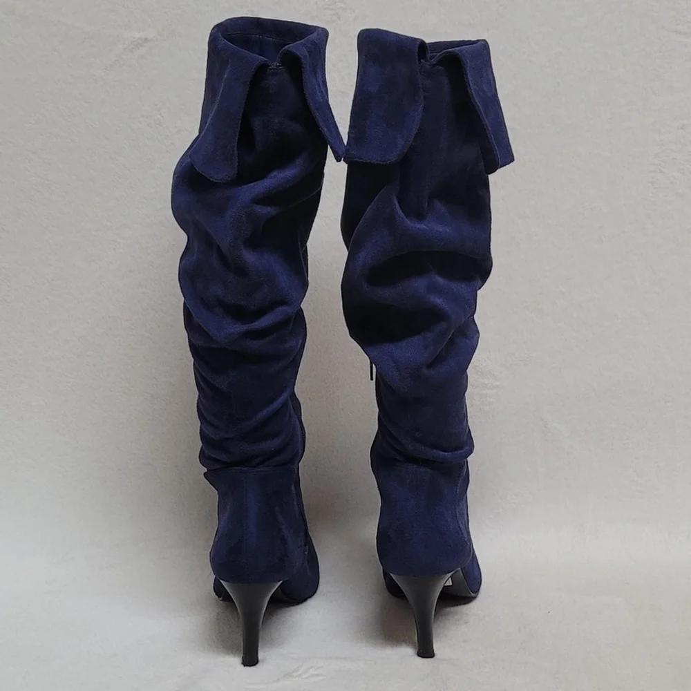 90s Vintage Skechers Blue Faux Suede Cuffed Tapered Heel Knee High Slouch Boots